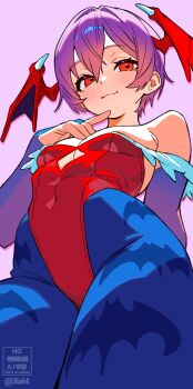 1girl bare_shoulders blue_pantyhose blush breasts covered_navel darkstalkers from_behind head_wings highres leotard lilith_(darkstalkers) looking_at_viewer pantyhose purple_hair red_eyes red_leotard short_hair small_breasts solo standing wings xel4