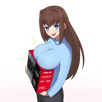 1girl absurdres amd aozaki_aoko black_pants blue_eyes blue_sweater blush box breast_rest breasts brown_hair english_text eyebrows_hidden_by_hair from_side graphics_card highres holding holding_box large_breasts long_hair looking_at_viewer mahou_tsukai_no_yoru notice_lines okikumo open_mouth pants presenting_breasts simple_background smile solo sweater turtleneck turtleneck_sweater white_background