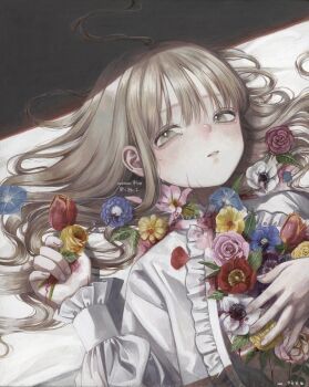 Rule 34 | 1girl, anemone (flower), artist name, blood, blue flower, brown hair, carnation, commentary request, flower, frilled shirt, frills, highres, long hair, long sleeves, lying, monou pico, on back, open clothes, open shirt, original, painting (medium), pansy, parted lips, pink flower, purple flower, red flower, rose, shirt, solo, traditional media, tulip, twitter username, white flower, white shirt, yellow flower