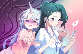 Rule 34 | 2girls, absurdres, aura, ayatsuno yuni, black hair, blue eyes, blue hair, blush, braid, breasts, cellphone, commentary request, dark aura, earbuds, earphones, hair ornament, heart, highres, holding, holding phone, horns, id card, ive (stellive), korean commentary, lanyard, long hair, medium breasts, multiple girls, notice lines, open mouth, phone, pink shirt, ponytail, purple eyes, shaded face, shirt, short sleeves, simple background, single horn, skirt, smartphone, smile, stellive, thumbsup stella, unicorn horn, virtual youtuber, white shirt, x hair ornament