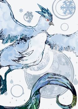 animal_focus articuno beak bird blue_feathers bwmtk1110 closed_mouth feathers flying full_body gen_1_pokemon highres legendary_pokemon looking_to_the_side nintendo no_humans pokemon pokemon_(creature) red_eyes simple_background snowflakes solo talons white_background wings