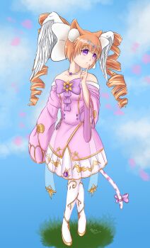 1girl 2021 absurdres artist_logo blonde_hair blue_background boots clavicles curly_hair dated dress grass head_wings highres indie_virtual_youtuber jewelry logo long_hair long_sleeves misterduckyart necklace pink_dress purple_eyes ribbon solo star_(symbol) star_necklace sylatria tail tail_ornament tail_ribbon white_boots wings year