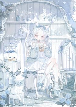 1girl animal animal_ears bare_shoulders bird birdcage blue_bird blue_bow blue_choker blue_dress blue_eyes blue_flower blue_hair blue_jacket blue_nails blue_rose blue_slippers blue_theme blush bottle bow braid building bush cage cake cake_slice cat cat_ears chair choker commentary_request cup cupcake curtained_hair dot_nose dress drinking drinking_glass drinking_straw drinking_straw_in_mouth fingernails flower food footwear_bow forehead frilled_dress frills full_body grass hair_bow hair_intakes heart heart-shaped_food highres holding holding_cup inaba_0717 jacket jacket_partially_removed long_hair long_sleeves looking_at_viewer macaron mirror on_chair original parted_bangs perfume_bottle plant puffy_long_sleeves puffy_sleeves rose round_table sample_watermark short_dress sitting slippers smoothie solo spaghetti_strap table tablecloth teapot tiered_tray toy_house twin_braids twitter_username vines watermark white_headdress
