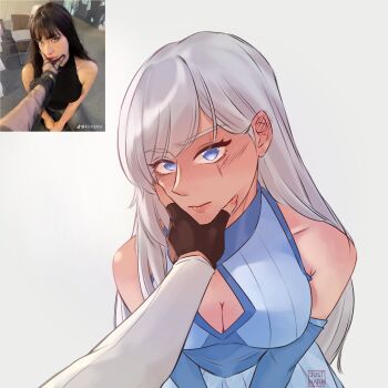 2girls absurdres artist_name blue_eyes blush breasts closed_mouth ear_blush female_pov fingerless_gloves gloves highres justharoo medium_breasts multiple_girls photo-referenced photo_inset pov ruby_rose rwby scar scar_across_eye scar_on_face shirt weiss_schnee white_shirt yuri