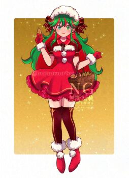 1girl adversarial_noise artist_name basket blue_eyes boots borrowed_character bow christmas colored_inner_hair commentary commission cookie dress earrings english_commentary food gloves gradient_background green_eyes green_hair hair_bow highres holding holding_basket holding_cookie holding_food jewelry multicolored_hair nonoworks original puffy_short_sleeves puffy_sleeves red_boots red_dress red_gloves red_hair red_thighhighs short_sleeves signature solo star_(symbol) star_earrings thighhighs thighhighs_under_boots two-tone_hair watermark watermelon_girl_(goldn)