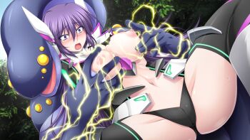 1boy 1girl amanogi_akira armor black_panties blush breasts chest_jewel electricity electrocution game_cg glowing grabbing_another&#039;s_breast grabbing_from_behind groping hetero imminent_rape kyokkou_senki_mistletear large_breasts long_hair magical_girl midorigi_mura mistletear molestation monster navel nipple_stimulation nipple_tweak nipples non-web_source official_art open_mouth panties purple_eyes purple_hair restrained solo_focus spread_legs sweat thighhighs underwear variant_set