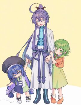 Rule 34 | 1boy, 2girls, aged down, ahoge, ant, black hat, blue eyes, blue hair, blush, boots, bug, closed mouth, commentary request, dress, green dress, green eyes, green hair, gumi, hair between eyes, hair ribbon, hat, highres, holding hands, insect, japanese clothes, kamui gakupo, long hair, long sleeves, low twintails, multicolored hair, multiple girls, nail polish, orange boots, otomachi una, ponytail, purple hair, purple nails, ribbon, short hair with long locks, short sleeves, simple background, soikaiso, standing, twintails, vocaloid, wide sleeves