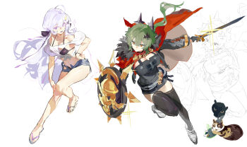 2girls absurdres ahoge black_dress black_thighhighs breasts brown_eyes caesar_king_(zenless_zone_zero) cleavage dress full_body gohanduck green_hair hair_ornament hairclip highres holding holding_shield holding_sword holding_weapon honkai_(series) honkai_impact_3rd kiana_kaslana looking_at_viewer looking_to_the_side low_ponytail multiple_girls ponytail purple_eyes purple_hair shield sketch sword thighhighs weapon white_background zenless_zone_zero