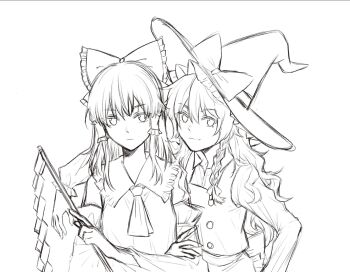 2girls ascot back_bow bow braid closed_mouth commentary_request detached_sleeves frilled_bow frilled_hair_tubes frills gohei hair_bow hair_tubes hakurei_reimu hat hat_bow hitte5416 holding holding_gohei kirisame_marisa long_hair long_sleeves multiple_girls side_braid single_braid sketch touhou witch_hat