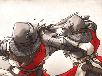 2girls armor aventail bascinet belt breastplate brown_hair chainmail commentary couter dagger facing_away fighting gauntlets grey_armor half-swording helmet highres holding holding_blade holding_sword holding_weapon hounskull ironlily knife layered_armor long_hair medieval multiple_girls ordo_mediare_sisters_(ironlily) pauldrons rerebrace revision rondel scabbard sheath shoulder_armor simple_background struggling surcoat sword vambraces visor_(armor) weapon white_background