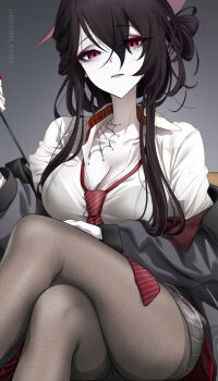 1girl absurdres black_hair black_pantyhose blue_archive breasts bucho_sama collared_shirt crossed_legs eyeliner flip-flops hair_between_eyes hair_ornament hair_stick halo highres kokuriko_(blue_archive) large_breasts looking_at_viewer loose_necktie makeup necktie pale_skin pantyhose red_eyeliner red_eyes red_halo red_lips red_necktie sandals school_uniform shirt sitting solo spider_web_pattern thighs white_shirt