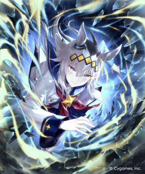 1girl ahoge animal_ears blue_eyes blue_sailor_collar blue_skirt broken_glass brooch closed_mouth crossover ear_ornament glass grey_hair grey_tail hair_between_eyes hair_ornament hairband highres hisakata_souji horse_ears horse_girl horse_tail jacket jewelry long_hair long_sleeves looking_at_viewer multicolored_hair neckerchief official_art oguri_cap_(starlight_beat)_(umamusume) oguri_cap_(umamusume) pantyhose pleated_skirt red_neckerchief running sailor_collar shadowverse shadowverse:_worlds_beyond shirt skirt solo star_brooch tail umamusume white_jacket white_shirt