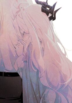 Rule 34 | 1boy, 1girl, belt, black belt, blue archive, closed eyes, demon horns, embarrassed, grey pants, head on another's back, hina (blue archive), horns, long hair, ouri (aya pine), pajamas, pants, pulling another's clothes, sensei (blue archive), shirt, very long hair, white hair, white shirt