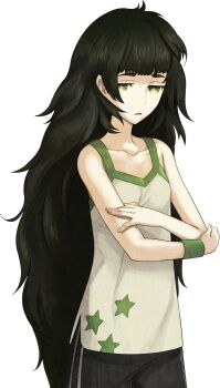 1girl armband bare_shoulders black_shorts blunt_bangs collar collarbone crossed_arms flat_chest game_cg green_armband green_collar green_eyes green_hair green_trim hiyajou_maho huke large_variant_set light_frown long_hair looking_at_viewer messy_hair narrowed_eyes non-web_source official_art open_mouth science_adventure shorts solo sprite star_(symbol) star_print steins;gate steins;gate_0 striped_clothes striped_shorts tank_top transparent_background unamused variant_set very_long_hair