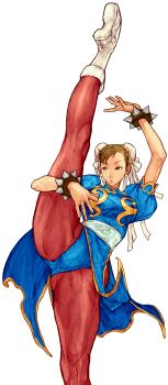 1girl absurdres arm_around_leg arm_up boots bracelet breasts brown_eyes brown_hair bun_cover capcom capcom_vs._snk_2 china_dress chinese_clothes chun-li double_bun dress earrings fighting_stance game_cg hair_bun highres jewelry leg_up looking_to_the_side multiple_girls nishimura_kinu non-web_source official_art pantyhose parted_lips pelvic_curtain short_hair solo spiked_bracelet spikes street_fighter studded_bracelet thick_thighs thighs unitard white_boots