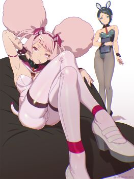 2girls absurdres animal_ears arm_behind_head armpits ass bare_shoulders black_hair black_pantyhose blue_eyes breasts candy chuatury_panlunch cleavage crossed_legs detached_collar diagonal_bangs double_bun fake_animal_ears food grin gundam gundam_suisei_no_majo hair_bun high_heels highres large_breasts lollipop looking_at_viewer multiple_girls necktie nika_nanaura pantyhose pink_eyes pink_hair playboy_bunny rabbit_ears sailor_collar short_hair simple_background sitting smile tail white_background white_footwear wire yonezawa_mao