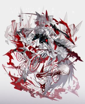 2others absurdres animal_ears asagina_gi black_gloves blood censored commentary crystal decapitation dismemberment dress exposed_bone fake_censor gloves guro highres holding holding_sword holding_weapon intestines looking_at_viewer multiple_others open_mouth original red_eyes ribs severed_head short_hair simple_background smile spinal_cord sword symbol-only_commentary watermark weapon white_background white_dress white_eyes white_hair