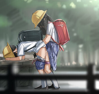 1boy 1futa age_difference anal backpack bag bent_over black_hair blurry blurry_background blurry_foreground brother_and_sister censored clothed_sex clothes_pull cum cum_on_body cum_overflow depth_of_field doggystyle ejaculating_while_penetrated ejaculation femdom from_side futa_with_male futanari hat implied_futanari incest kneehighs kodomo_doushi loli lolidom long_hair male_penetrated on_table outdoors panties panty_pull pink_panties raitaroo randoseru reach-around red_bag school_hat sex sex_from_behind shirt shoes shorts shota siblings skirt socks standing standing_sex table torso_grab underwear white_shirt white_socks