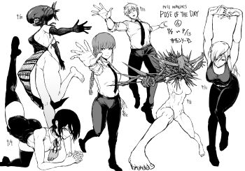 1boy 3girls ass barefoot bomb_devil_(chainsaw_man) bottomless braid breasts chainsaw_man commentary_request completely_nude crossbow_devil_(chainsaw_man) dated denji_(chainsaw_man) fan_no_hitori fighting_stance greyscale highres makima_(chainsaw_man) medium_breasts monochrome multiple_girls no_nipples no_pussy nude pants quanxi_(chainsaw_man) reaching reaching_towards_viewer reze_(chainsaw_man) sharp_teeth short_shorts shorts side_slit sideboob single_braid sleeveless sleeves_rolled_up spikes stretching tank_top teeth thighhighs