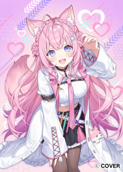 1girl animal_ears antenna_hair arm_belt belt belt_pouch black_belt black_choker black_skirt blue_eyes blush braid braided_bun breasts brown_pantyhose chest_belt choker coat collared_shirt company_name copyright_notice crown_braid double_bun fang fingernails frilled_coat frills gradient_eyes hair_bun hair_ornament hair_ribbon hakui_koyori hakui_koyori_(1st_costume) hand_on_own_leg hand_up heart heart_choker hololive karokuchitose kokoro_(hakui_koyori) lab_coat large_breasts layered_skirt leaning_forward long_hair long_sleeves looking_at_viewer midriff multicolored_eyes nail_polish navel necktie official_art open_clothes open_coat open_mouth pantyhose pink_background pink_hair pink_nails pink_necktie pink_skirt pink_tail pink_trim pocket_watch pouch purple_eyes red_ribbon ribbon shirt skirt sleeves_past_wrists smile solo stomach tail test_tube thighs virtual_youtuber watch white_belt white_coat white_shirt white_skirt wolf_ears wolf_girl wolf_tail zipper_pull_tab