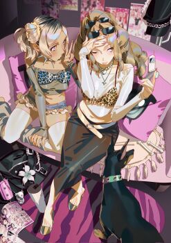 Rule 34 | 2girls, animal print, bag, bikini, bikini over clothes, black skirt, bleached hair, blonde hair, bow, cellphone, collar, couch, denim, denim shorts, dog, drill hair, earrings, eyewear on head, fake nails, fashion, flip phone, flower, from above, gusamo, gyaru, hand on own face, hat, high heels, highres, holding, holding phone, jewelry, leopard print, leopard print bikini, long hair, loose socks, magazine (object), manba gyaru, multiple girls, nail polish, navel, on couch, original, peaked cap, phone, pillow, pink nails, poster (object), print bikini, selfie, shorts, side ponytail, skirt, socks, spiked collar, spikes, sunglasses, swimsuit, tan, thighhighs, v