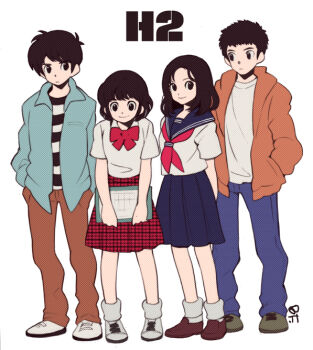 2boys 2girls amamiya_hikari_(h2) aqua_shirt aqua_sleeves archived_source arms_behind_back artist_name ben-day_dots bf._(sogogiching) black_eyes black_shirt blouse blue_pants bobby_socks bow bowtie brown_hair brown_pants brown_shoes clipboard closed_mouth collared_shirt commentary_request copyright_name crew_neck denim dot_nose dress_shoes english_text expressionless flat_color food fruit full_body grey_shorts h2_(manga) hands_in_pockets haruka_koga holding holding_clipboard hood hood_down hooded_jacket jacket jeans korean_commentary kunimi_hiro legs_apart loafers long_sleeves looking_at_another medium_hair medium_skirt multiple_boys multiple_girls neckerchief orange_(fruit) orange_jacket orange_slice pants plaid_clothes plaid_skirt pleated_skirt red_bow red_bowtie red_neckerchief school_uniform screentones serafuku shirt shoes short_sleeves shorts signature simple_background skirt smile sneakers socks standing striped_clothes striped_shirt tachibana_hideo white_background white_shirt white_shoes white_socks wing_collar