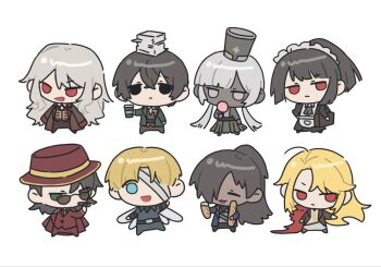 3girls 5boys aseah_(project_moon) baguette black_eyes black_hair bread charon_(project_moon) chibi colored_skin commentary don_quixote_(project_moon) food grey_hair grey_hat grey_skin hat highres hong_lu_(project_moon) jacket la_manchaland&#039;s_don_quixote_(project_moon) la_manchaland_(identity)_(project_moon) limbus_company long_hair low_twintails meursault_(project_moon) multiple_boys multiple_girls open_mouth paper_stack project_moon pudding_1106 red_eyes red_hat red_jacket ryoshu_(project_moon) sancho_(project_moon) seven_association_south_uniform sidelocks smile symbol-only_commentary thumb_(identity)_(project_moon) tomah_(project_moon) twintails white_hair wuthering_heights_(identity)_(project_moon) yi_sang_(project_moon)