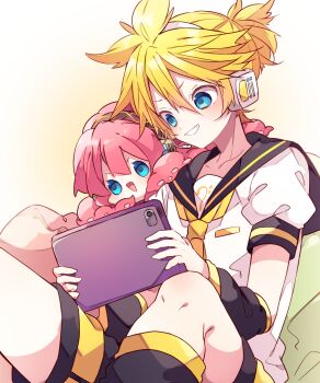 1boy :d bass_clef black_sailor_collar black_shorts blonde_hair blue_eyes collarbone commentary_request double-parted_bangs feet_out_of_frame grin hair_between_eyes headphones headset highres holding holding_tablet_pc kagamine_len kaho_0102 leg_warmers megurine_luka necktie open_mouth pink_hair sailor_collar shirt short_hair short_sleeves shorts sitting smile tablet_pc takoluka v-shaped_eyebrows vocaloid white_shirt yellow_necktie