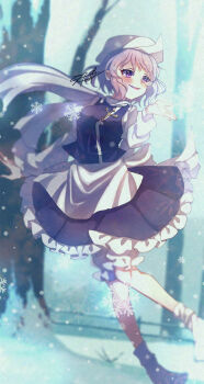 1girl absurdres apron black_skirt black_vest bloomers blush commentary full_body grey_hair hat highres konpota_(pixiv_113398422) letty_whiterock long_sleeves looking_to_the_side outdoors outstretched_arm petticoat purple_eyes railing scarf shirt short_hair skirt smile snow snowflakes snowing socks solo touhou tree underwear vest waist_apron white_apron white_bloomers white_hat white_scarf white_shirt white_socks winter