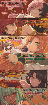 Rule 34 | 6+girls, :o, :p, abstract background, alternate hair color, ammunition, aqua eyes, armband, bare legs, bare shoulders, black background, black choker, black collar, black eyes, black hair, black vest, bob cut, bow, breasts, brown shoes, character name, choker, cinder fall, circuit board background, closed mouth, collage, collar, collarbone, commentary request, copyright name, curly hair, dark-skinned female, dark skin, detached sleeves, diagonal-striped background, diamond print background, dress, ear chain, elbow gloves, emerald sustrai, explosive, floating hair, freckles, frilled collar, frills, gloves, green background, green collar, green dress, green eyes, green hair, grenade, grenade cartridge, grenade launcher, grey background, gun, head on hand, heterochromia, high heels, highres, hush (rwby), jacket, large-caliber cartridge, large breasts, light smile, linked piercing, long hair, long sleeves, looking at viewer, low neckline, lying, magnhild, medium breasts, medium hair, midnight (rwby), milo and akouo, moai (moai world), mole, mole on breast, multicolored hair, multiple girls, neopolitan (rwby), nora valkyrie, off-shoulder dress, off shoulder, on back, on side, open clothes, open mouth, open vest, orange background, orange hair, parted bangs, penny polendina, piercing, pink background, pink eyes, pink hair, pink lips, portrait, pyrrha nikos, red background, red dress, red eyes, red hair, revolver grenade launcher, rwby, shirt, shoes, short dress, sleeveless, sleeveless dress, small breasts, smile, split-color hair, straight-on, striped background, thief's respite (rwby), tongue, tongue out, turtleneck, turtleneck shirt, two-tone collar, two-tone dress, two-tone hair, v-shaped eyebrows, vest, weapon, white background, white jacket, white shirt, white sleeves, yellow background, yellow dress, yellow eyes