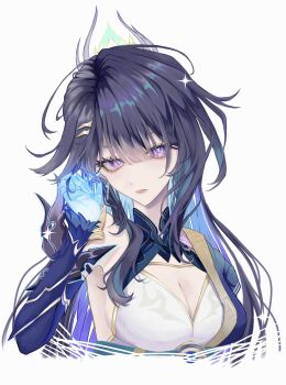 1girl blue_hair breasts cleavage colored_inner_hair commentary_request cropped_torso earrings gloves highres honkai_(series) honkai_impact_3rd jewelry large_breasts long_hair looking_at_viewer multicolored_hair purple_eyes purple_gloves purple_hair raiden_mei simple_background sui_ojin very_long_hair white_background