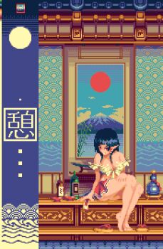 1girl animated animated_gif architecture bare_shoulders barefoot black_hair blinking blush_stickers bottle breasts cloud cup earrings east_asian_architecture jewelry large_breasts midriff mount_fuji mykar original pixel_art pointy_ears red_skirt red_sun sakazuki sake_bottle sandals seigaiha sitting skirt solo unworn_sandals wind zouri