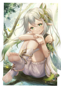 1girl absurdres bare_legs bare_shoulders bloomers border branch cape colored_tips cross-shaped_pupils detached_sleeves dress falling_leaves feet feet_up foot_focus full_body genshin_impact gold_trim gradient_hair green_eyes green_hair green_sleeves grin hair_ornament hands_up head_tilt highres hugging_own_legs in_tree kazki444 knees_up leaf leaf_hair_ornament long_hair looking_at_viewer multicolored_hair nahida_(genshin_impact) outside_border pointy_ears side_ponytail sidelocks sitting sitting_in_tree sleeveless sleeveless_dress smile soles solo stirrup_legwear symbol-shaped_pupils toeless_footwear toeless_legwear tree twitter_username underwear very_long_hair white_bloomers white_dress white_footwear white_hair