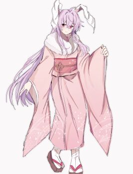 1girl absurdres alternate_costume animal_ears closed_mouth commentary_request ebuna full_body furisode highres japanese_clothes kimono long_hair long_sleeves looking_at_viewer new_year obi pink_kimono pink_sash purple_hair rabbit_ears rabbit_girl red_eyes reisen_udongein_inaba sandals sash smile socks solo touhou very_long_hair white_socks wide_sleeves