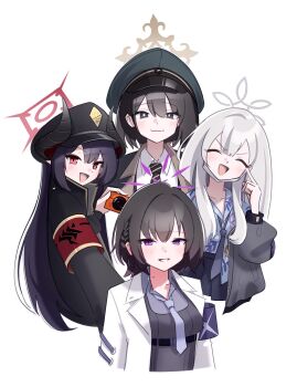 Rule 34 | 4girls, armband, black coat, black eyes, black hair, black hat, black horns, black necktie, blue archive, blue necktie, blue shirt, blue skirt, breasts, bright pupils, brown halo, camera, chiaki (blue archive), closed eyes, coat, coat on shoulders, collared shirt, commentary request, cropped torso, curved horns, demon girl, demon horns, diagonal-striped clothes, diagonal-striped necktie, digital camera, dress shirt, facing viewer, finger to face, floral print shirt, green coat, green hat, grey hair, grey halo, grey jacket, grey vest, halo, hat, hawaiian shirt, highres, hiromi (blue archive), holding, holding camera, horns, jacket, konoka (blue archive), long hair, looking at viewer, loose necktie, mask, mask pull, medium breasts, mole, mole on neck, mouth mask, multiple girls, necktie, open collar, open mouth, parted lips, peaked cap, pleated skirt, purple armband, purple eyes, purple hair, purple halo, purple shirt, racoon5, red armband, red eyes, red halo, shirt, shirt partially tucked in, short braid, short hair, simple background, skirt, smile, striped clothes, striped necktie, subaru (blue archive), surgical mask, vest, white background, white jacket, white mask, white pupils, white shirt