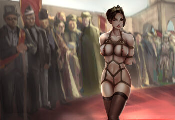 1girl absurdres arms_behind_back bdsm bondage bound bound_arms bound_breasts bound_torso breasts collarbone crotch_rope crowd exhibitionism female_focus female_pervert highres large_breasts navel nipples nude pervert public_indecency shibari shibari_over_clothes skindentation solo_focus thighhighs walking wwwwumu