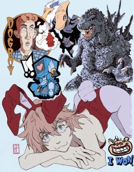 animal_ears ass blue_background bone breasts character_request copyright_request crossover flcl godzilla godzilla_(series) godzilla_minus_one green_eyes hair_between_eyes haruhara_haruko heart kimitachi_wa_dou_ikiru_ka messy_hair pink_hair playboy_bunny pontoffel_nopockets rabbit_ears short_hair toho