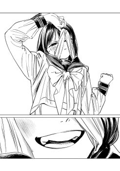 1girl akebi-chan_no_serafuku akebi_komichi blunt_bangs blush bow camisole camisole_pull closed_mouth clothes_pull dot_nose female_focus flat_chest highres hiro_(dismaless) long_hair long_sleeves manga_illustration manga_page monochrome official_art open_mouth pleated_skirt roubai_academy_school_uniform_(old) school_uniform serafuku simple_background skirt smile solo solo_focus stomach sweat sweatdrop teeth tongue upper_teeth_only white_background