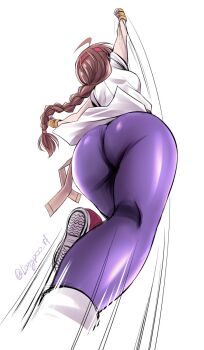 1girl artist_name ass braid braided_ponytail breasts brown_hair dougi female_focus fingerless_gloves gloves headband highres huge_ass karate_gi leggings long_hair martial_arts_belt medium_breasts red_headband ryuuko_no_ken sash shoes sneakers snk solo spandex the_king_of_fighters thick_thighs thighs tonpuu twitter_username uppercut yuri_sakazaki