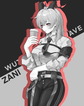 1girl absurdres armband button_gap character_name chest_harness closed_mouth collared_shirt commentary copyright_name cup curled_horns disposable_coffee_cup disposable_cup greyscale harness hashtag-only_commentary high-waist_pants highres hodissi holding holding_cup horns long_hair looking_ahead monochrome necktie pants red_eyes shirt shirt_tucked_in solo spot_color two-tone_background wuthering_waves zani_(wuthering_waves)