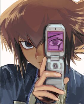 Rule 34 | 1boy, brown eyes, brown hair, cellphone, closed mouth, corrupted twitter file, expressionless, flip phone, hair between eyes, highres, holding, holding phone, looking at viewer, male focus, phone, simple background, tawashipurin, upper body, white background, yu-gi-oh!, yu-gi-oh! gx, yuki judai