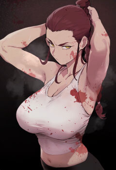1girl absurdres armpits arms_behind_head black_pants blood blood_on_clothes blood_on_face blood_splatter braid breasts cleavage code:074 devilman devilman_crybaby highres kuroda_miki large_breasts long_hair looking_at_viewer midriff navel pants red_hair serious shirt single_braid solo sweat tank_top taut_clothes taut_shirt tying_hair white_tank_top