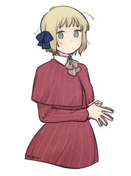 1girl axis_powers_hetalia blonde_hair blue_bow bow bowtie brown_bow brown_bowtie capelet closed_mouth collared_dress commentary_request dress green_eyes hair_bow hands_up highres liechtenstein_(hetalia) long_sleeves looking_at_viewer mi_aph_to no_pupils palms_together red_capelet red_dress short_hair simple_background solo standing striped_clothes striped_dress white_background