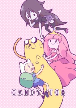 2boys 2girls adventure_time animal backpack bag black_eyes black_hair black_sclera black_shirt black_shoes black_thighhighs blue_shirt blue_shorts blush blush_stickers breasts cartoon_network climbing collarbone colored_sclera colored_skin dog dress finn_the_human floating garter_straps grey_skin hat high_heels jake_the_dog k-nattoh long_hair marceline_abadeer multiple_boys multiple_girls open_mouth orange_fur pink_background pink_dress pink_hair pink_skin plaid_clothes plaid_skirt pointy_ears polka_dot polka_dot_background princess princess_bonnibel_bubblegum puffy_sleeves purple_shoes purple_skirt raised_eyebrow shirt shoes short_sleeves shorts skirt small_breasts socks teeth thighhighs tiara vampire white_eyes white_hat white_socks