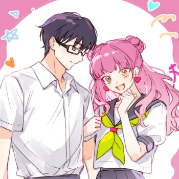 Rule 34 | 1boy, 1girl, :d, black hair, black sailor collar, commentary, double bun, earrings, fang, glass, hair bun, hand on another's arm, hand on own chin, heart, heart earrings, jewelry, looking at another, missrose233, open mouth, pink hair, sailor collar, seihantai na kimi to boku, semi-rimless eyewear, shirt, simple background, smile, suzuki miyu (seihantai na kimi to boku), symbol-only commentary, tani yuusuke (seihantai na kimi to boku), upper body, white shirt, yellow eyes