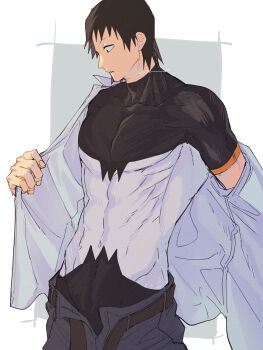 1boy a_nzi_end absurdres black_eyes black_hair bodysuit bodysuit_under_clothes boku_no_hero_academia border collarbone commentary_request covered_pectorals grey_pants highres male_focus pants pectorals sero_hanta shirt short_hair solo toned toned_male turtleneck turtleneck_bodysuit undressing white_border white_shirt