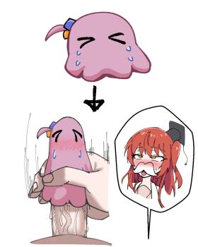 &gt;_&lt; 1futa animalization bestiality blush bocchi_the_rock! crying cube_hair_ornament erection etoast fake_facial_hair fake_mustache futanari gotoh_hitori gotoh_hitori_(octopus) hair_ornament hat highres kita_ikuyo long_hair one_side_up open_mouth penis red_hair rolling_eyes tongue tongue_out uncensored veins veiny_penis what white_background yellow_eyes