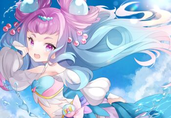 Rule 34 | 1girl, aqua hair, aqua nails, blue skirt, blue sky, blush, breasts, cloud, commentary request, cure la mer, detached collar, fingernails, gradient eyes, gradient hair, highres, laura la mer, long hair, long sleeves, looking at viewer, midriff, multicolored eyes, multicolored hair, nail polish, open mouth, pearl hair ornament, pink eyes, pink hair, precure, skirt, sky, small breasts, smile, solo, tropical-rouge! precure, very long hair, yuni (irohasuiroiro)