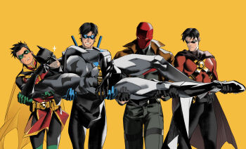 5boys absurdres anthonykaen batman batman_(series) black_bodysuit black_cape black_gloves black_hair black_pants blue_bodysuit bodysuit boots bruce_wayne cape closed_mouth damian_wayne dc_comics dick_grayson domino_mask eye_mask facial_hair father_and_son gloves green_gloves grey_bodysuit helmet highres jason_todd male_focus mask multicolored_bodysuit multiple_boys muscular muscular_male nightwing pants red_hood_(dc) red_robin robin_(dc) short_hair smile superhero_costume teeth tim_drake two-tone_bodysuit