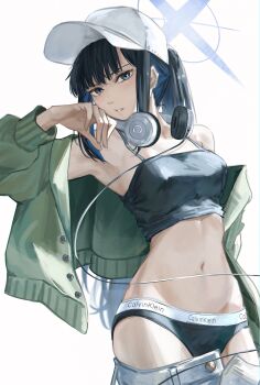 1girl absurdres black_bra black_hair black_panties black_tank_top blue_archive blue_eyes blue_hair blue_halo bra breasts calvin_klein clothes_pull colored_inner_hair commentary_request green_jacket halo hat headphones headphones_around_neck highres jacket kamiro_(kamin_r0) long_hair looking_at_viewer medium_breasts multicolored_hair navel official_alternate_costume panties pants pants_pull ponytail saori_(blue_archive) saori_(swimsuit)_(blue_archive) solo spaghetti_strap stomach tank_top underwear white_background white_hat white_pants